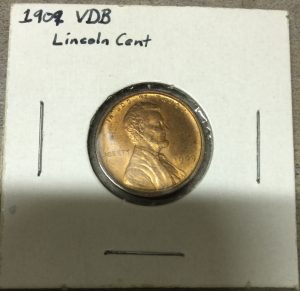 The 1909 VDB Lincoln Cent Obverse. The VDB refers to the engraver's initials, which they forgotten in early mintings but added later.