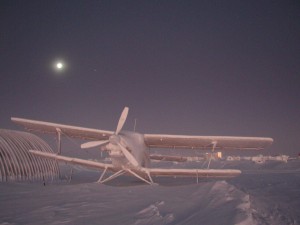 The frozen Russian biplane on the berms at South Pole Station